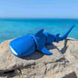 Blue shark-shaped toy on a rock with ocean in the background