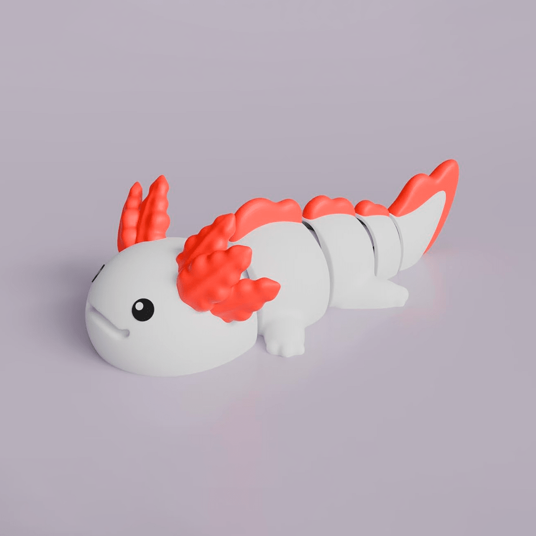 Articulated 3D printed axolotl posed with body curved