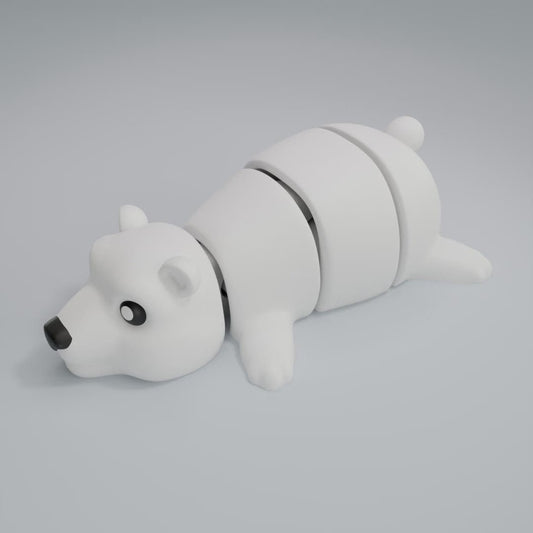 3D printed articulated polar bear figure standing, full side profile
Articulated polar bear figure posed with body curved, showing flexible joints
Polar bear figure in standing pose showing rounded ears and snout
Close-up of articulated polar bear figure showing joints and texture
