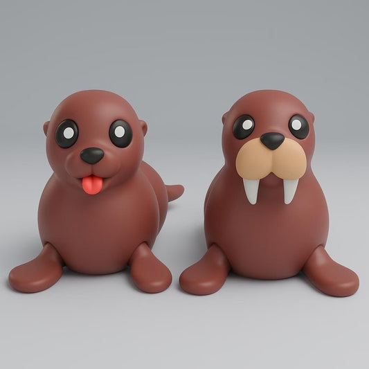 3D printed articulated walrus and seal keychain figures, full view of both
Walrus articulated keychain figure held in hand showing tusks and scale
