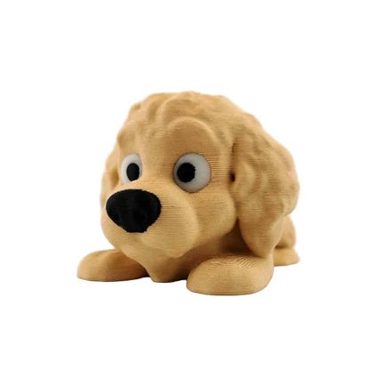 D printed articulated Goldendoodle figure with curly coat, full side profile
Goldendoodle articulated figure posed, showing flexible joints