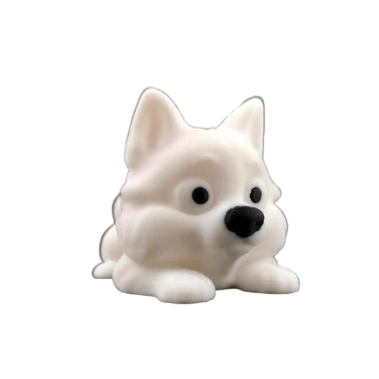 Articulated 3D printed Samoyed dog figure shown in side profile, fluffy white body
Posed Samoyed figure bending at its flexible joints to show articulation
