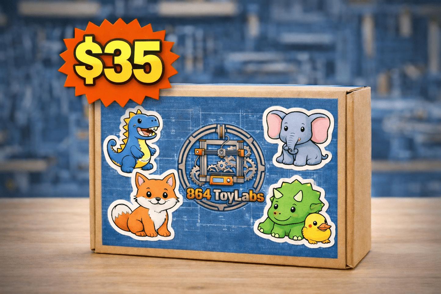 Box with animals and 864 ToyLabs branding, featuring a price tag of $35.