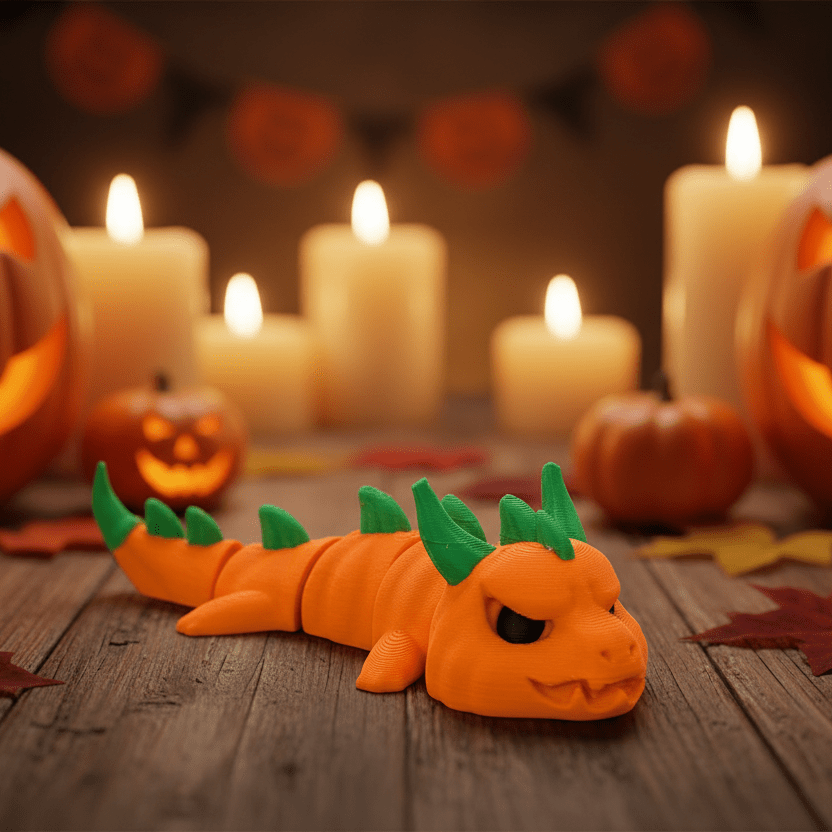 Articulated 3D printed Pumpkin Dragon figure with autumn pumpkin-orange coloring
Portrait view of the Pumpkin Dragon showing its detailed pumpkin-inspired head