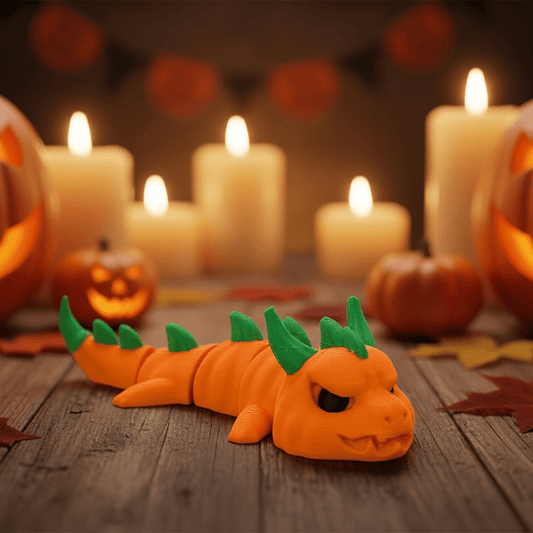 Articulated 3D printed Pumpkin Dragon figure with autumn pumpkin-orange coloring
Portrait view of the Pumpkin Dragon showing its detailed pumpkin-inspired head
