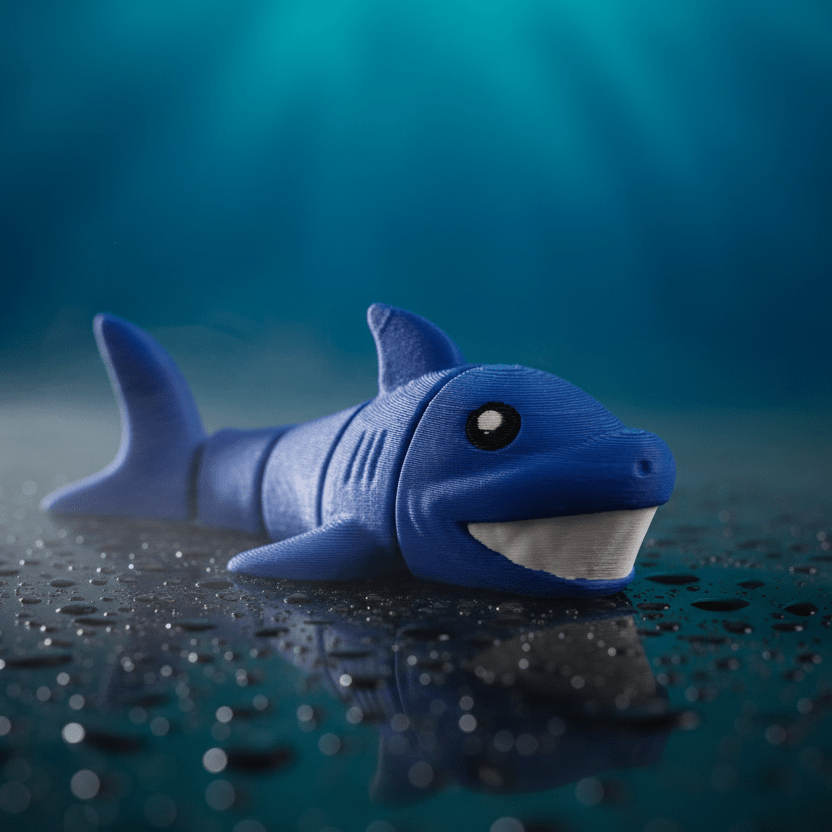3D printed articulated shark fidget toy, side view
