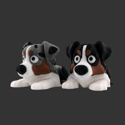 Black 3D printed articulated Australian Shepherd figure, full side profile
Australian Shepherd articulated figure, standing front view
Australian Shepherd figure posed showing flexible joints

