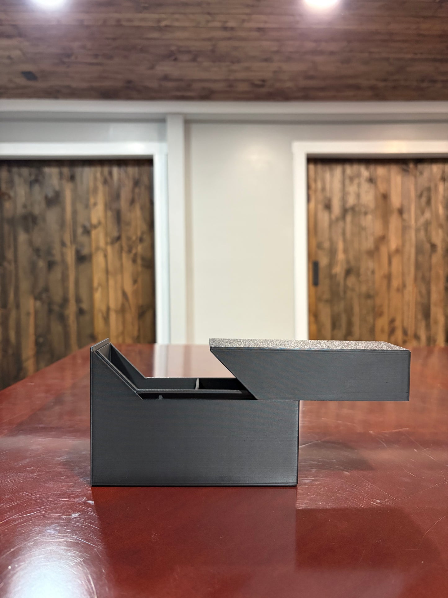 3D printed slide deck box open showing the slide-lock mechanism and cards