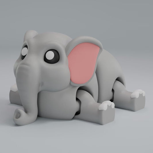 Articulated 3D printed Elephant figure with trunk and detailed textured skin