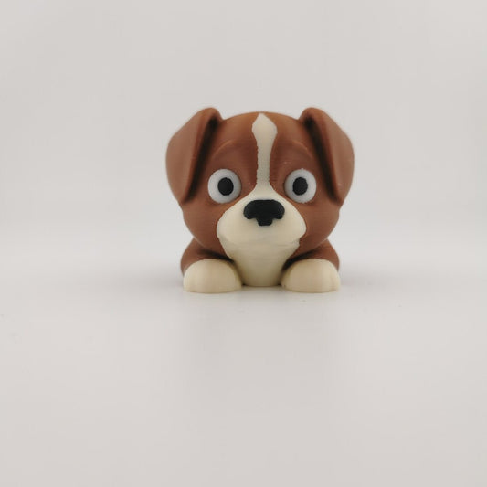 Brown 3D printed articulated dog figure, side view
