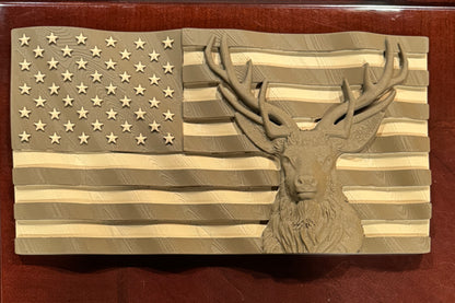 USA Wavy Flag with Deer – 3D Printed Wood Art