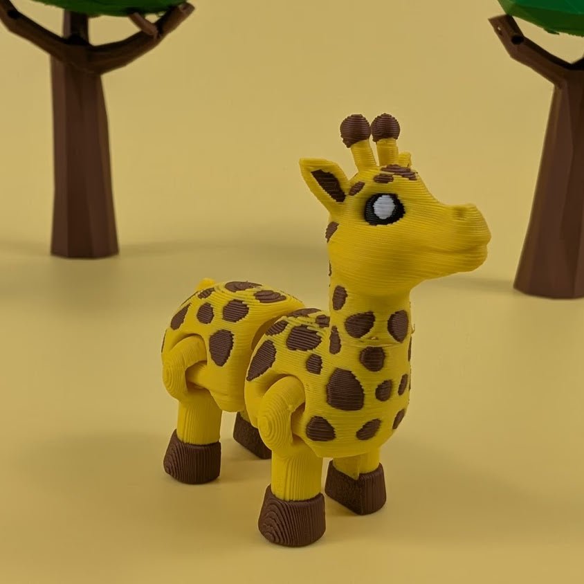 Articulated 3D printed Giraffe fidget keychain with spotted pattern and long neck
Front view of the Giraffe figure standing on a stone
