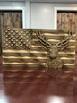 Wood-filament American flag with deer mounted on a wall, angled view