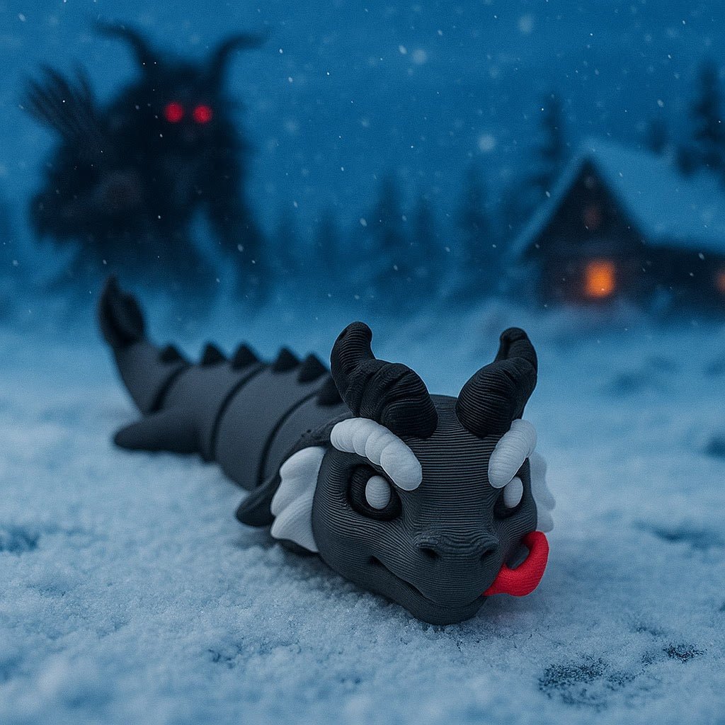 3D-printed Krampus Dragon articulated flexi keychain, front view posed standing — 864 ToyLabs