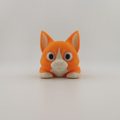 3D printed articulated flexi cat figure standing, side view
