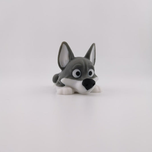 3D printed articulated wolf figure standing, full side profile