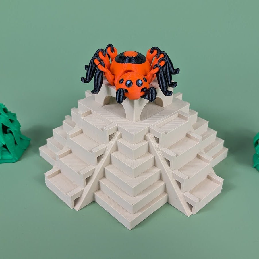 Articulated 3D printed Tarantula with detailed body and poseable legs, top view
Tarantula figure posed to show its bending, jointed legs
